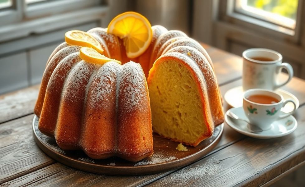 Bolo de Limão Fofinho de Liquidificador dourado com açúcar de confeiteiro e fatias de limão, textura macia e fofa perfeita para lanches