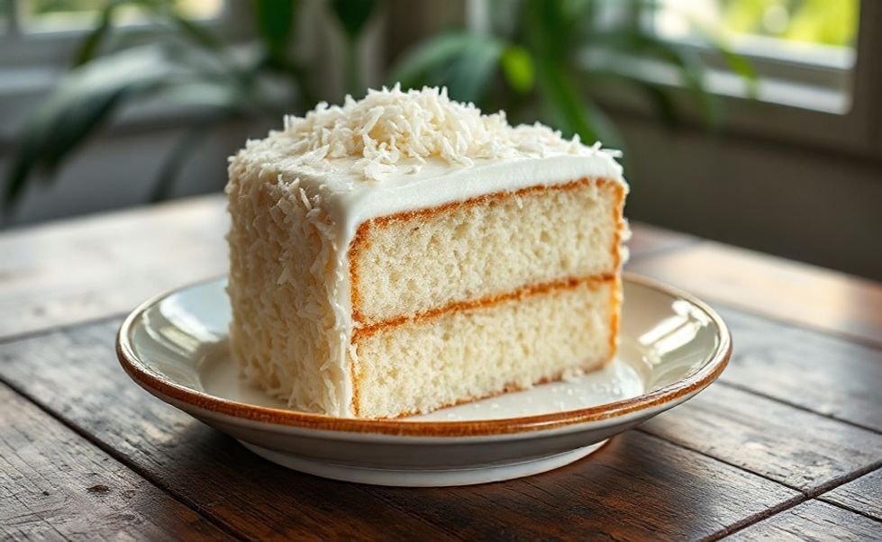 Bolo Gelado de Coco Molhadinho cortado mostrando textura úmida e cremosa, coberto com coco ralado e servido em prato branco