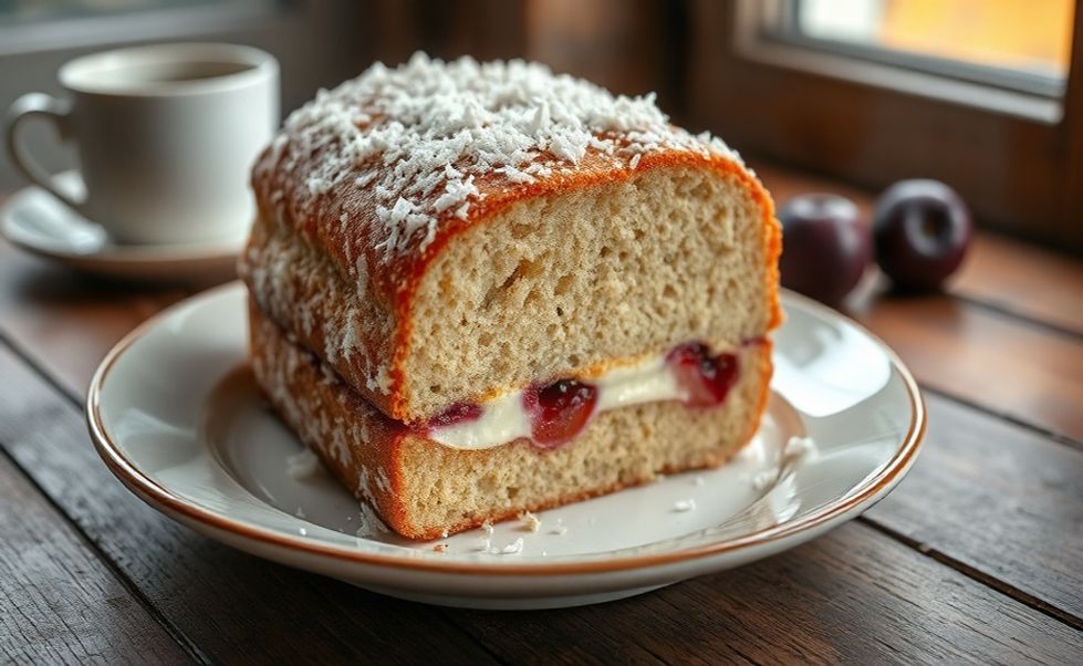 Bolo Gelado Embrulhado de Olho de Sogra cortado mostrando camadas úmidas com recheio cremoso de ameixas e cobertura branca com coco ralado