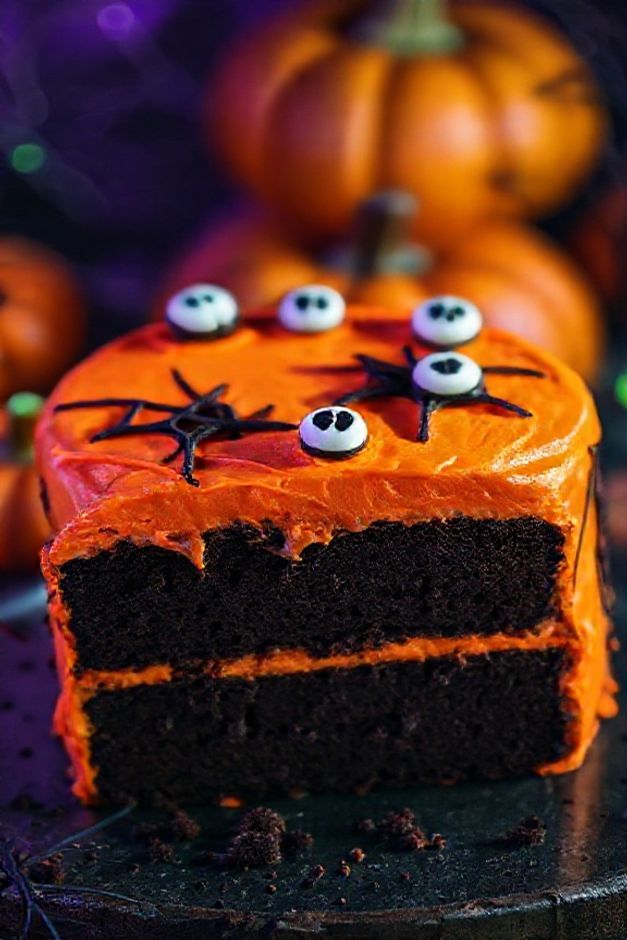 Bolo Halloween de chocolate com cobertura laranja vibrante decorado com teias de aranha pretas e detalhes assustadores, fatia mostrando interior úmido