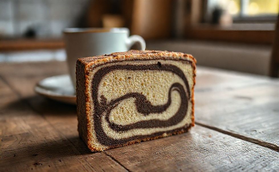 Fatia de Bolo Mesclado mostrando as camadas de massa branca e chocolate, textura úmida e fofa, em prato rústico sobre mesa de madeira