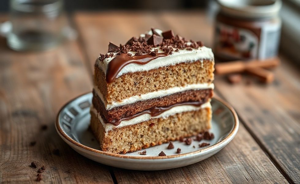 Bolo Ninho com Nutella cortado mostrando camadas úmidas de massa cremosa com recheio generoso de Nutella e cobertura de cream cheese