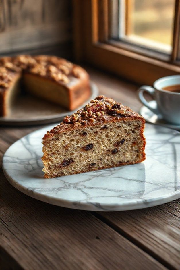 Bolo Para Mulher Adulta com nozes e frutas secas em fatia, textura úmida e visível, decorado elegantemente em prato de mármore
