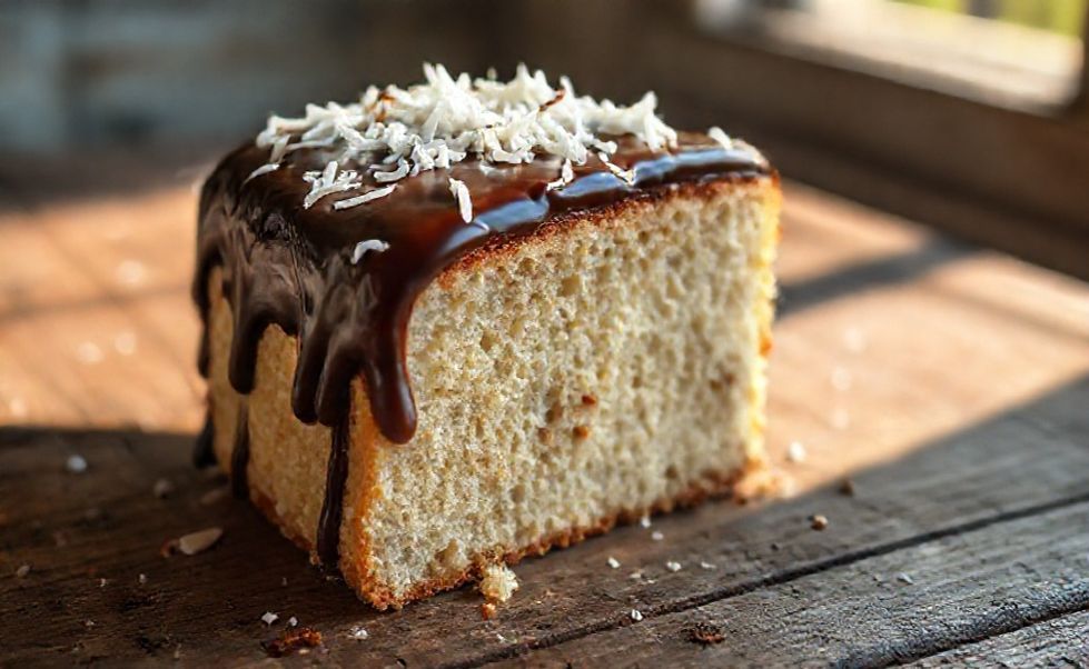 Fatia generosa de bolo prestígio com massa úmida de coco coberta por glacê de chocolate e coco ralado, sobre mesa rústica