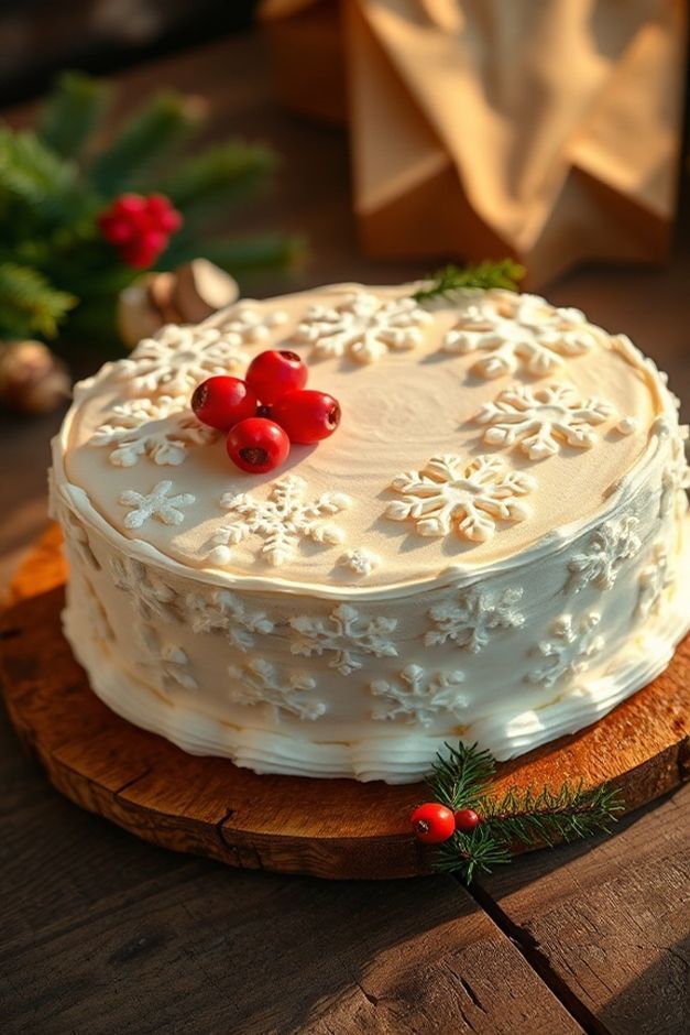 Bolo natalino decorado com glacê branco e detalhes em vermelho, mostrando frutas cristalizadas e nozes na massa, sobre mesa rústica com decoração festiva