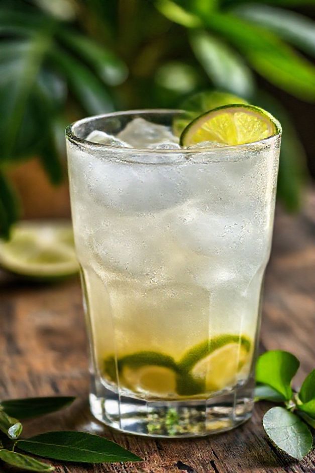Caipirinha tradicional brasileira preparada com ingredientes para fazer caipirinha frescos em copo com gelo e rodela de limão