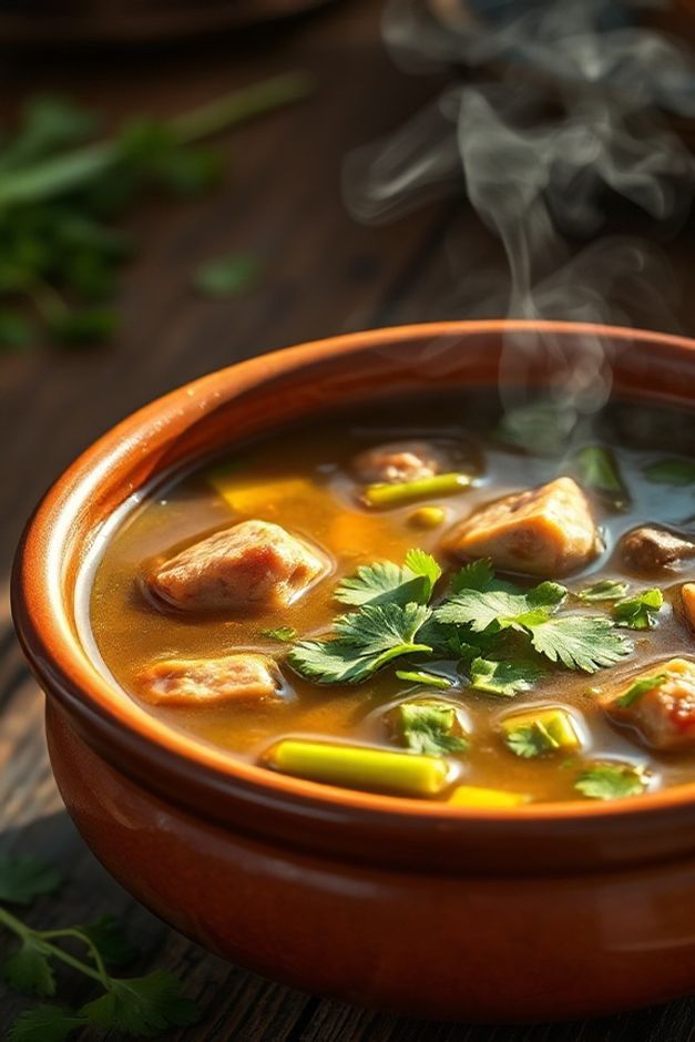 Caldo de kenga tradicional servido em tigela de barro com quiabo, carne bovina e ervas frescas, mostrando os ingredientes do caldo de kenga em detalhes