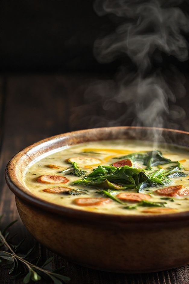 Tigela de caldo verde cremoso com couve em tiras finas, batata amassada e rodelas de linguiça, mostrando os ingredientes para fazer caldo verde tradicional