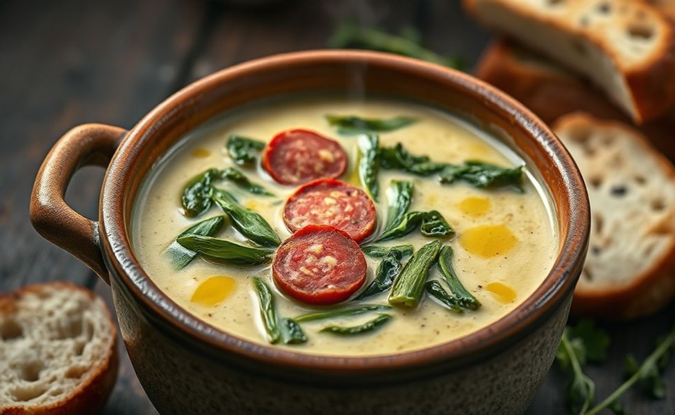Tigela de caldo verde tradicional com caldo cremoso de batata, tiras finas de couve verde e rodelas de linguiça, finalizado com azeite