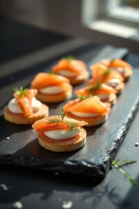 Canapés de salmão com cream cheese dispostos elegantemente para festa de aniversário elegante, mostrando texturas cremosas e ingredientes frescos