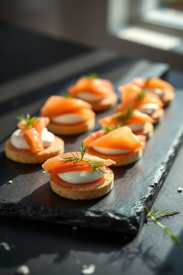 Canapés de salmão com cream cheese dispostos elegantemente para festa de aniversário elegante, mostrando texturas cremosas e ingredientes frescos