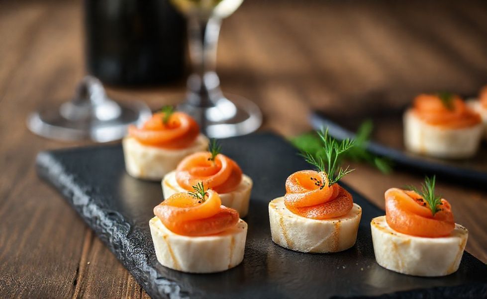 Canapés de salmão com cream cheese dispostos elegantemente para uma festa de aniversário elegante, mostrando texturas cremosas e decoração com endro fresco