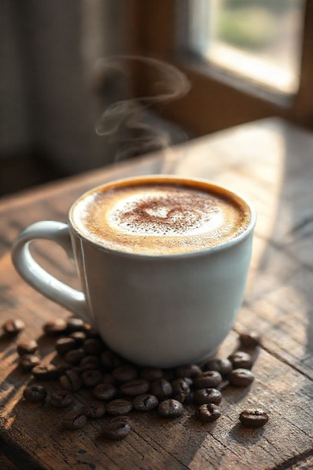 Cappuccino caseiro perfeito com camadas distintas mostrando os ingredientes do cappuccino - crema escura, leite cremoso e espuma aveludada com arte em chocolate