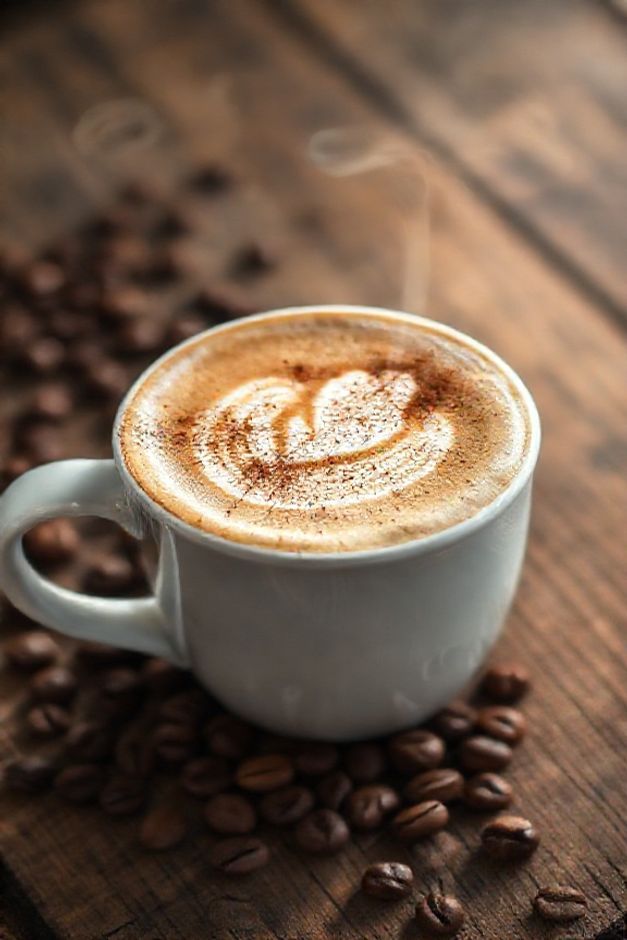 Cappuccino caseiro perfeito com espuma cremosa, chocolate em pó e canela, servido em xícara branca sobre mesa rústica com grãos de café ao redor