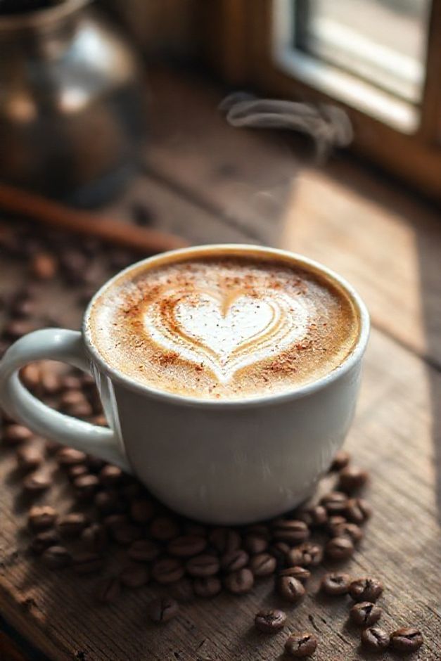 Cappuccino caseiro cremoso em xícara branca com espuma perfeita, polvilhado com canela e chocolate, mostrando os ingredientes para fazer capuccino caseiro artesanal