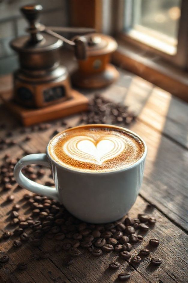 Cappuccino caseiro perfeito com espuma cremosa e arte latte, mostrando ingredientes para fazer cappuccino artesanal em xícara branca sobre mesa rústica