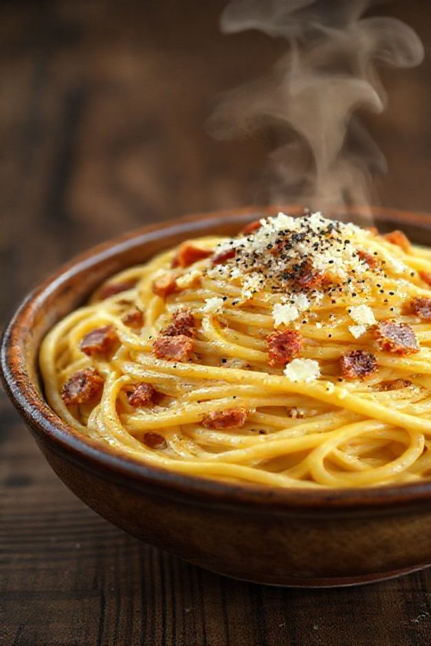 Carbonara cremosa com espaguete coberto por molho de ovos, queijo pecorino e pancetta crocante - ingredientes para carbonara autêntica