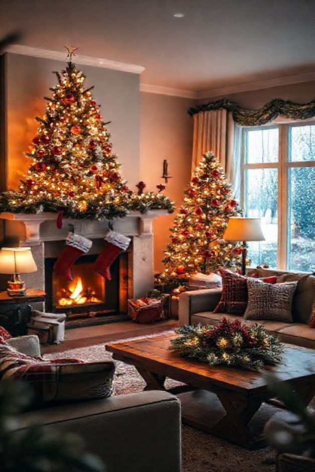 Casa decorada natal com árvore iluminada, lareira ornamentada e ambiente aconchegante em tons vermelhos e dourados, criando clima festivo perfeito