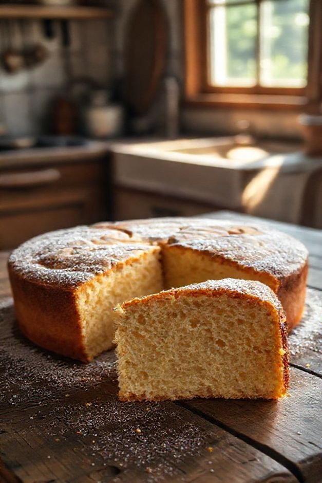 Bolo tradicional Casa Natal recém-assado com crosta dourada, polvilhado com açúcar de confeiteiro, mostrando textura macia e úmida ao ser fatiado