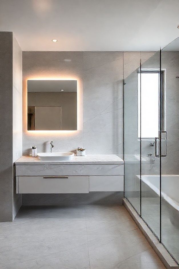 Interior de casas de banho modernas com design minimalista, iluminação LED, móveis suspensos e acabamentos premium em tons neutros