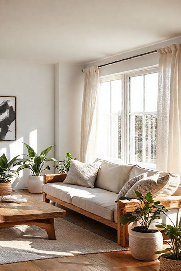 Interior de casas lindas e simples mostrando sala de estar minimalista com móveis de madeira natural, plantas verdes e iluminação aconchegante