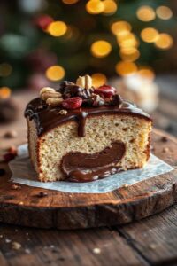 Chocotone Trufado cortado mostrando massa aerada com recheio de chocolate cremoso e cobertura brilhante, decorado com frutas secas em mesa rústica