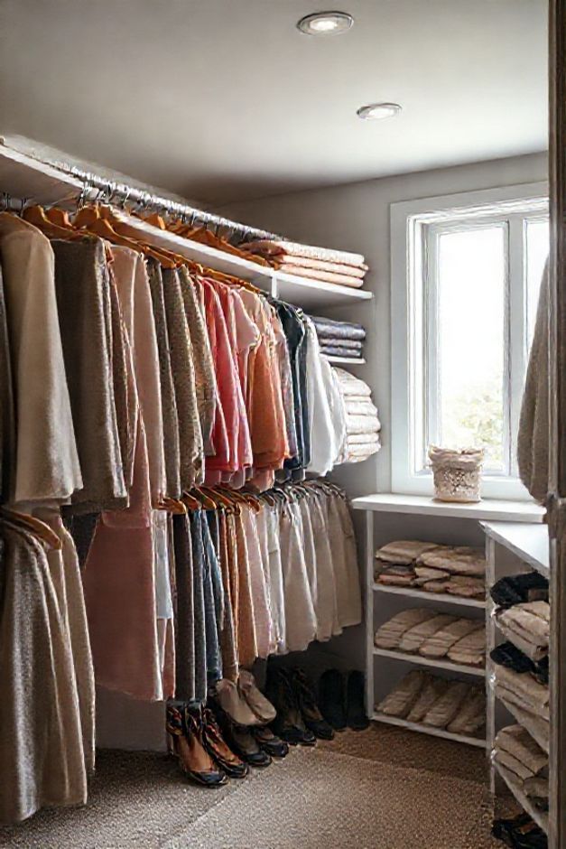 Guarda roupa perfeitamente organizado mostrando método de como arrumar guarda roupa com roupas por cor e tipo, cabides uniformes e dobra profissional