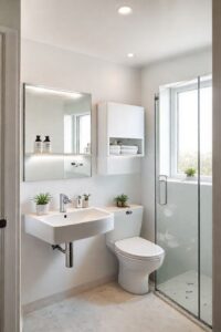 Banheiro pequeno decorado com soluções inteligentes - paredes claras, espelho grande, prateleiras flutuantes e box transparente criam sensação de amplitude