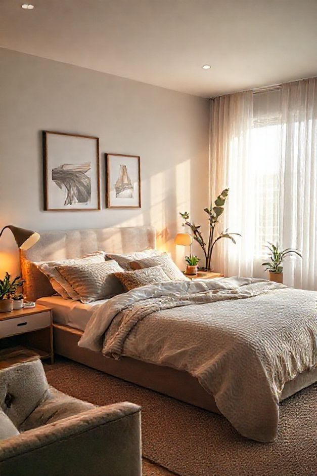 Quarto moderno bem decorado com cama arrumada, plantas ornamentais, iluminação aconchegante e organização funcional mostrando como decorar o quarto ideal