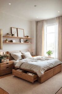 Quarto pequeno decorado com inteligência usando técnicas de como decorar quarto pequeno - cores claras, espelhos, móveis multifuncionais e organização vertical criam ambiente amplo