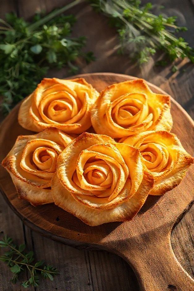Rosas de massa folhada douradas e crocantes recém-saídas do forno, mostrando camadas perfeitas e recheio cremoso em apresentação elegante