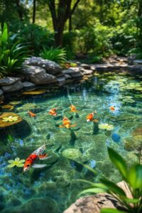 Lago ornamental com água cristalina, carpas coloridas, plantas aquáticas e bordas de pedra natural - exemplo perfeito de como fazer um lago