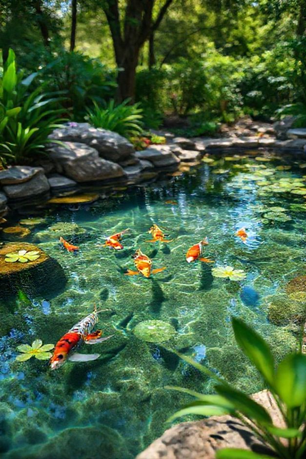 Lago ornamental com água cristalina, carpas coloridas, plantas aquáticas e bordas de pedra natural - exemplo perfeito de como fazer um lago