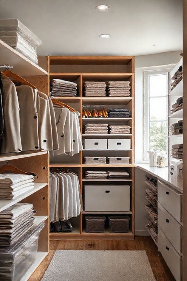 Guarda-roupas perfeitamente organizado mostrando como organizar guarda roupas com técnicas japonesas, roupas dobradas verticalmente e cabides uniformes