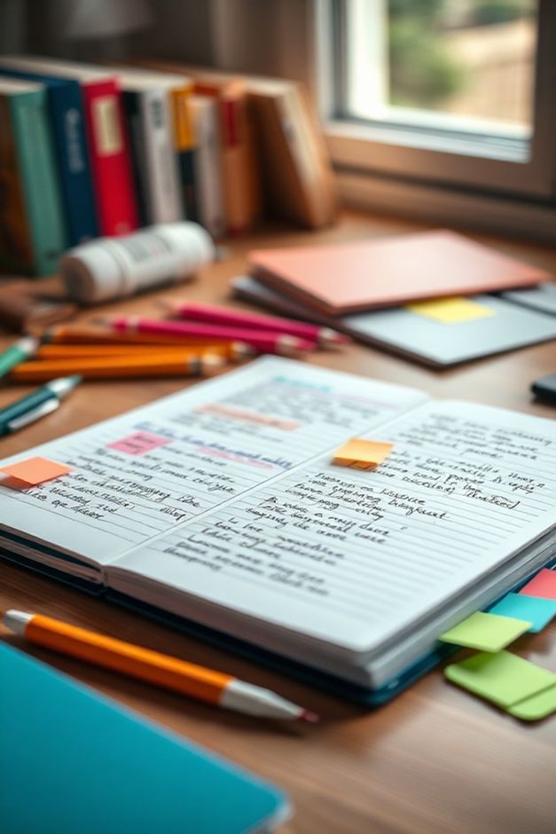 Caderno perfeitamente organizado mostrando sistema de cores, separadores por matéria e anotações claras - exemplo prático de como organizar o caderno eficientemente