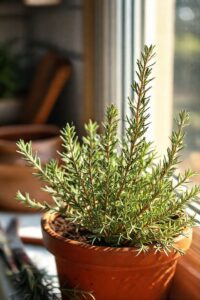Planta de alecrim saudável crescendo em vaso de barro, mostrando como plantar alecrim corretamente com folhas verdes vibrantes e aroma característico