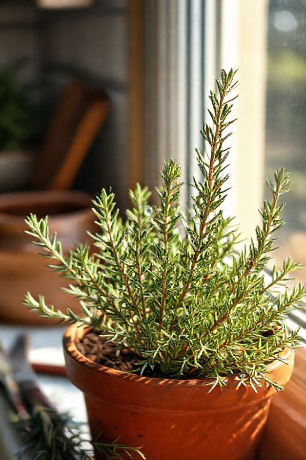 Planta de alecrim saudável crescendo em vaso de barro, mostrando como plantar alecrim corretamente com folhas verdes vibrantes e aroma característico