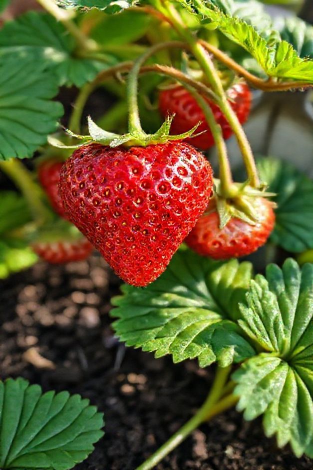 Morangos vermelhos maduros crescendo saudáveis em vaso caseiro, resultado de aprender como plantar morangos corretamente