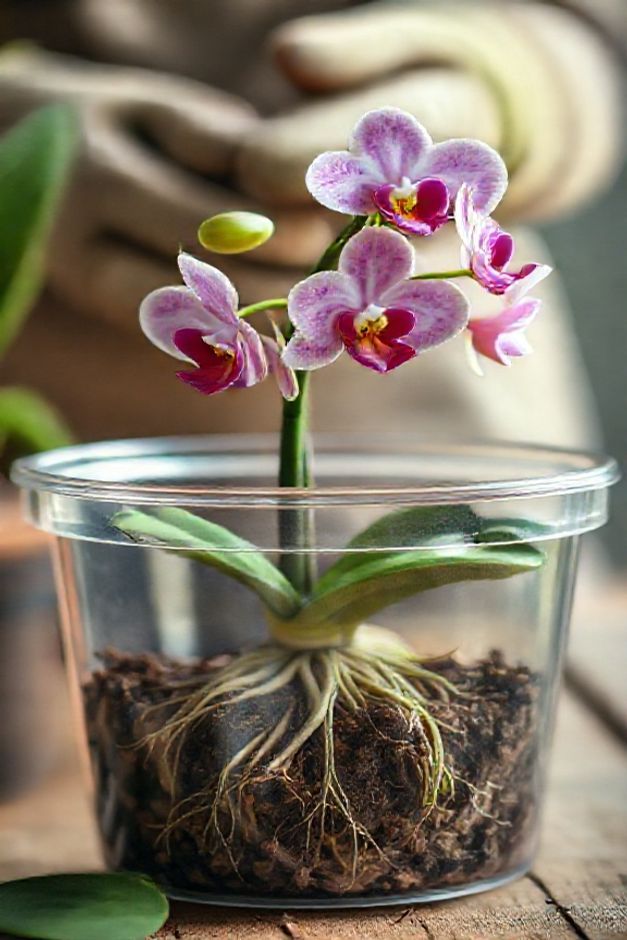 Orquídea recém-replantada em vaso transparente mostrando raízes verdes saudáveis e substrato de casca de pinus, demonstração de como replantar orquídeas corretamente
