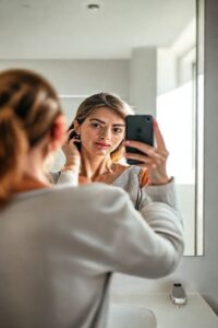 Mulher tirando foto profissional no espelho com celular, demonstrando técnica correta de como tirar foto no espelho com iluminação natural perfeita