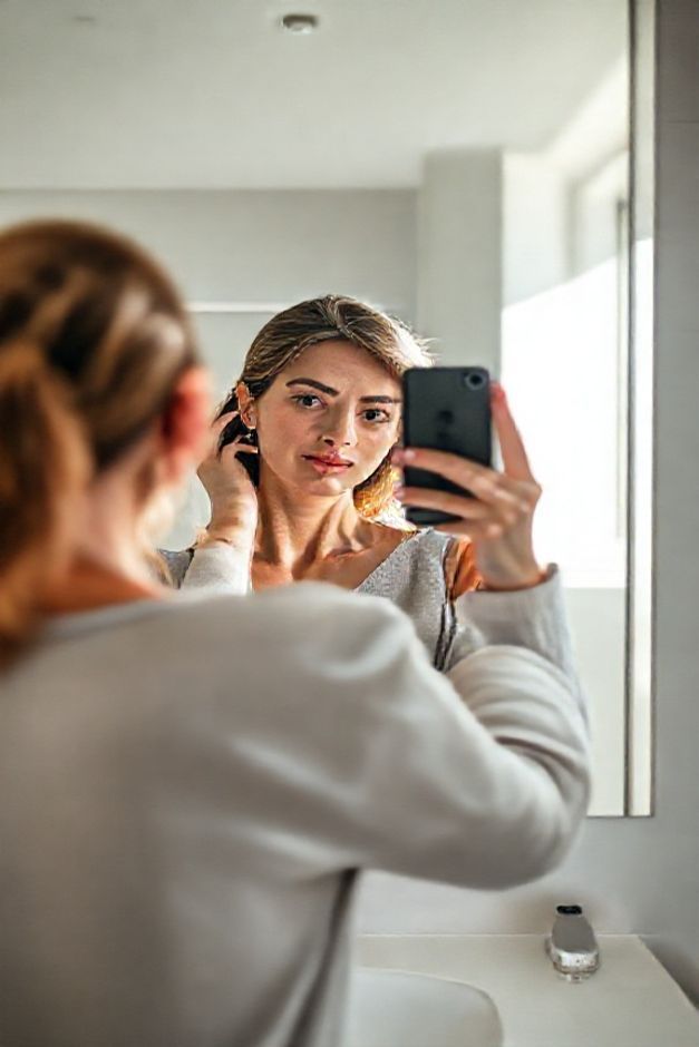 Mulher tirando foto profissional no espelho com celular, demonstrando técnica correta de como tirar foto no espelho com iluminação natural perfeita