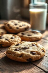 Cookies caseiros recém-saídos do forno com bordas douradas e centro macio, mostrando os ingredientes para fazer cookies perfeitos com gotas de chocolate derretidas