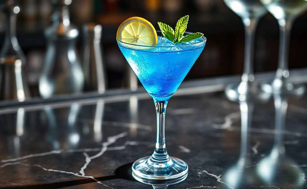 Corset Azul drink servido em taça martini com cor azul vibrante, decorado com fatia de limão e hortelã fresca sobre mesa de mármore escuro