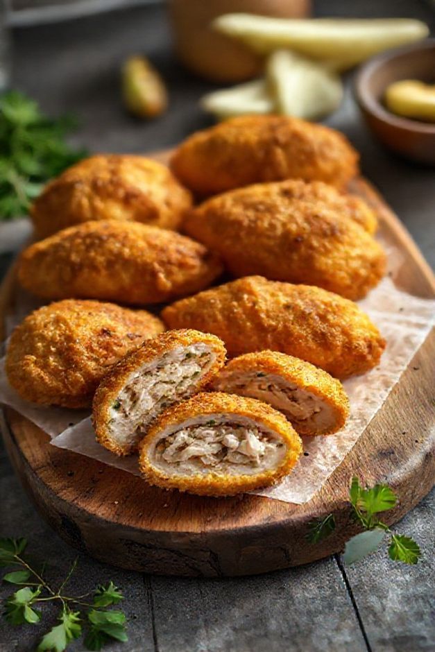 Coxinhas de frango douradas e crocantes em prato de madeira, mostrando recheio cremoso com ingredientes para fazer coxinha de frango caseira