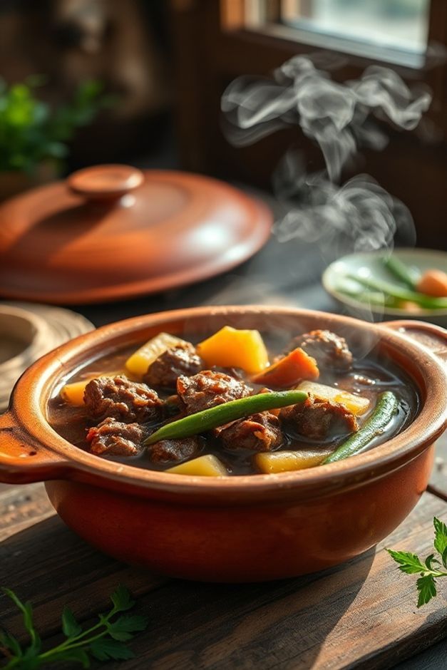 Cozido tradicional brasileiro com ingredientes para cozido incluindo carne macia, batatas, cenouras e vagem em caldo aromático servido em panela de barro