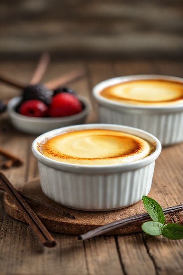 Creme Belga Caseiro servido em ramequins brancos com textura aveludada e crosta caramelizada dourada, decorado com frutas vermelhas frescas