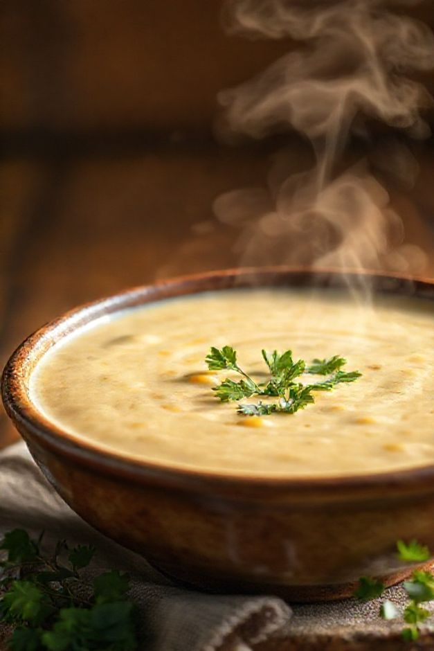 Creme de milho cremoso servido em tigela com os ingredientes para creme de milho perfeitamente combinados, textura aveludada e salsinha fresca