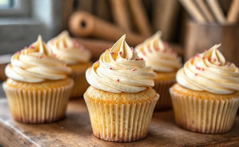 Cupcake Econômico de 1 Ovo dourado com cobertura branca cremosa e confeitos coloridos, massa fofinha visível ao cortar, em fundo rústico