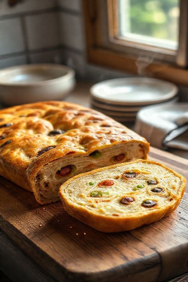 Cuscuz Paulista recém-assado mostrando textura úmida e ingredientes como azeitonas, ervilhas e tomates - prato tradicional brasileiro