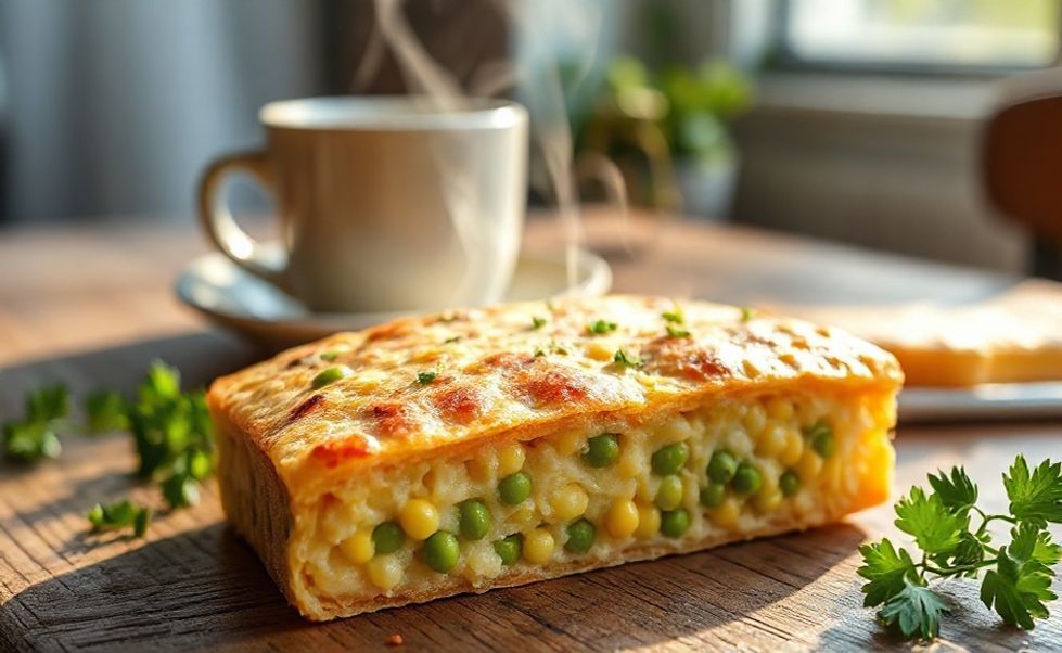 Fatia de cuscuz paulista tradicional com milho, ervilhas e queijo derretido, servido em prato rústico para café da manhã brasileiro